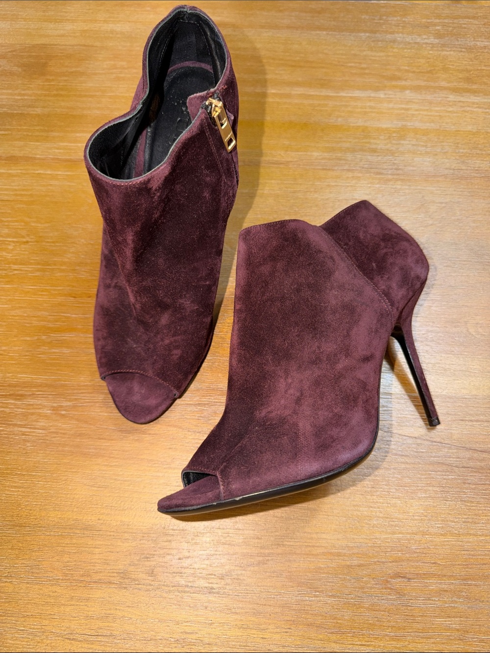 Burberry Burgundy Suede Peep-Toe Stiletto Booties